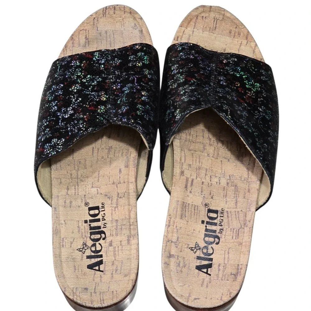 Alegria Womens Triniti Floral Leather Wedge Slide Sandals Black Multi 38